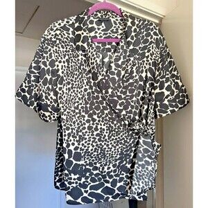 Who What Wear Women's Leopard Tie-Front Blouse Black Short Sleeve XL Stylish